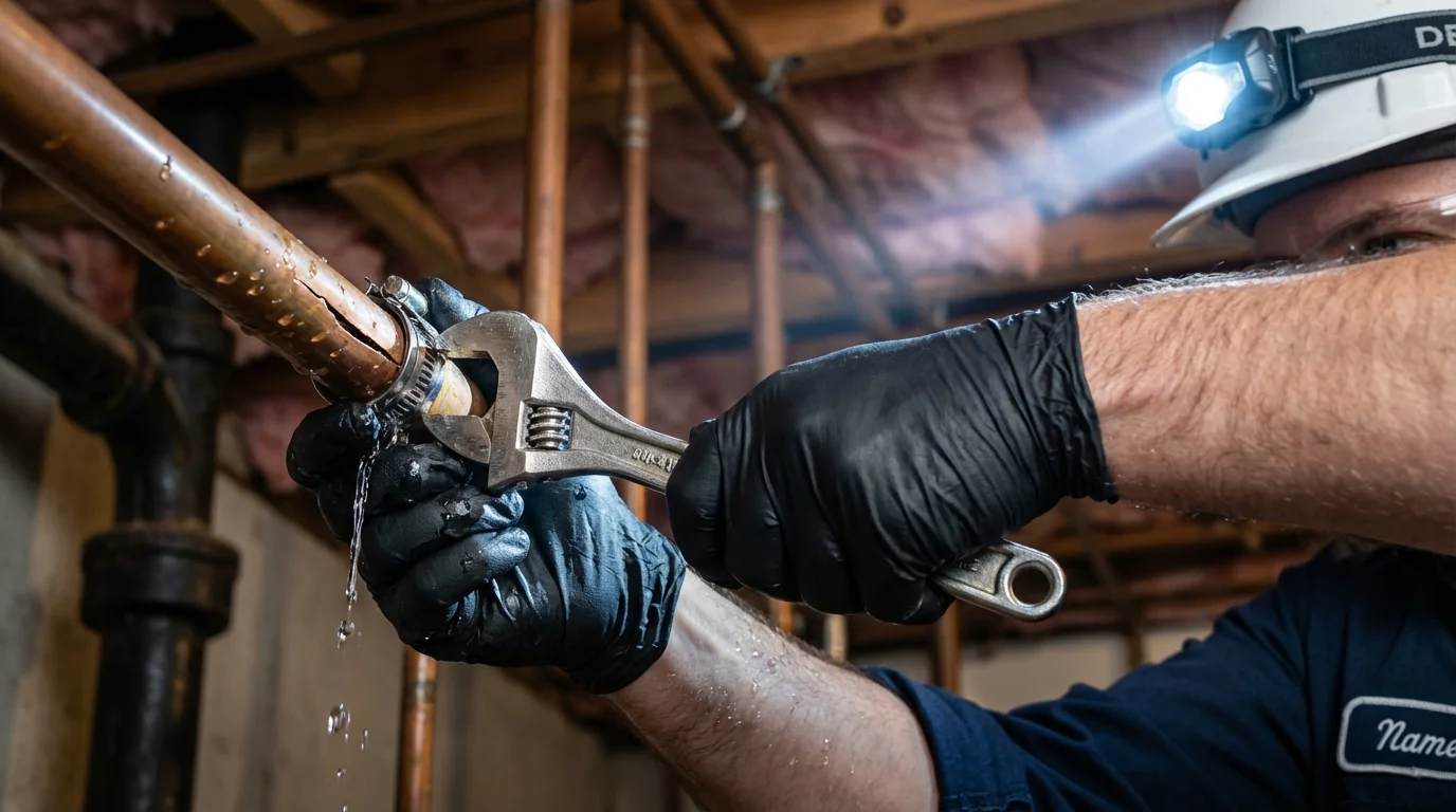Emergency pipe clamp repair being performed by a Johns Plumbing LLC plumber in Cotulla