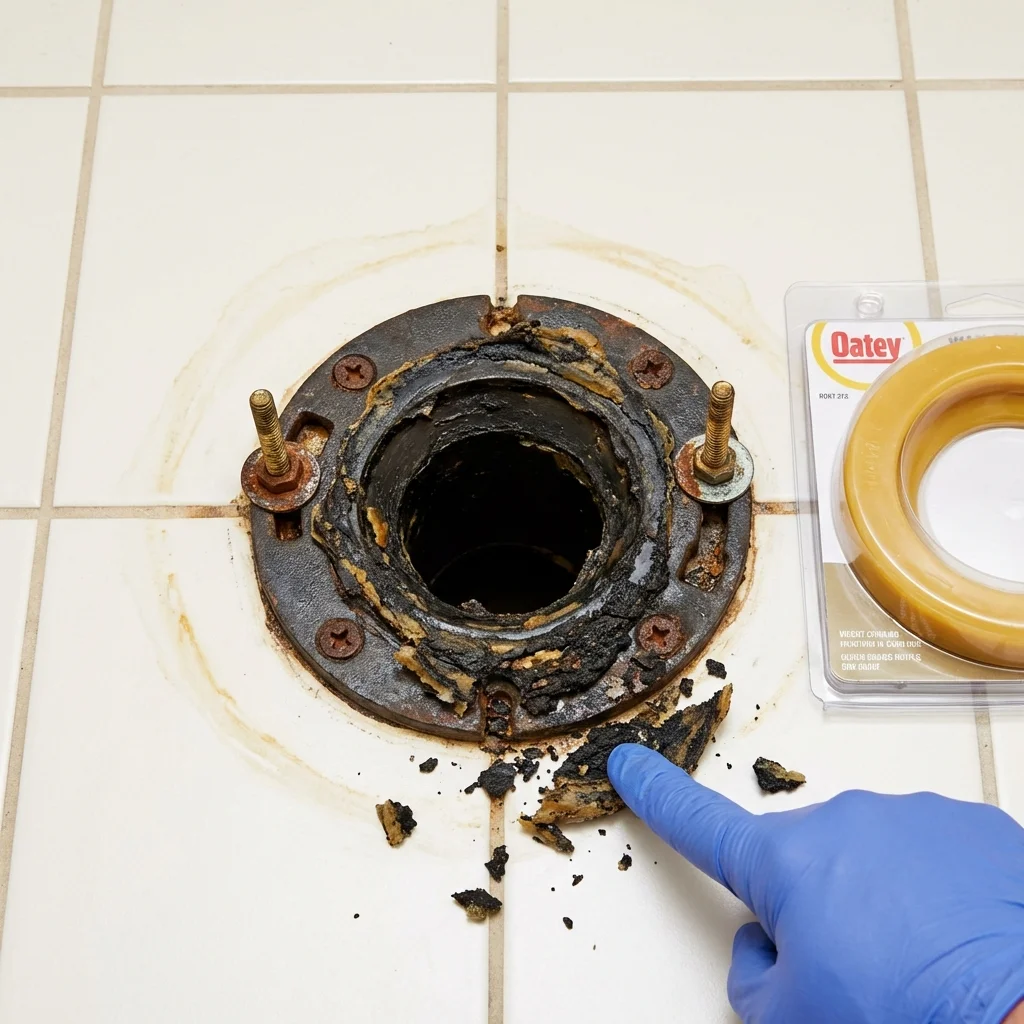 Failed wax ring showing water seepage at the base of a toilet in a Cotulla, TX home