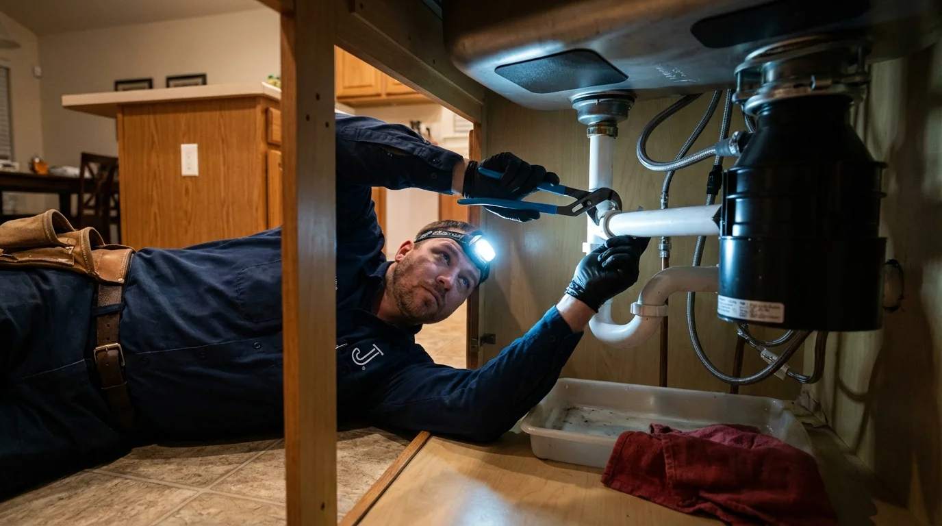 P-trap and supply line connections under a kitchen sink showing a common leak point in Cotulla, TX